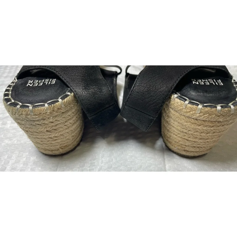 Eileen Fisher Agnes Black Suede Espadrille Wedge Sandals Women's 9.5